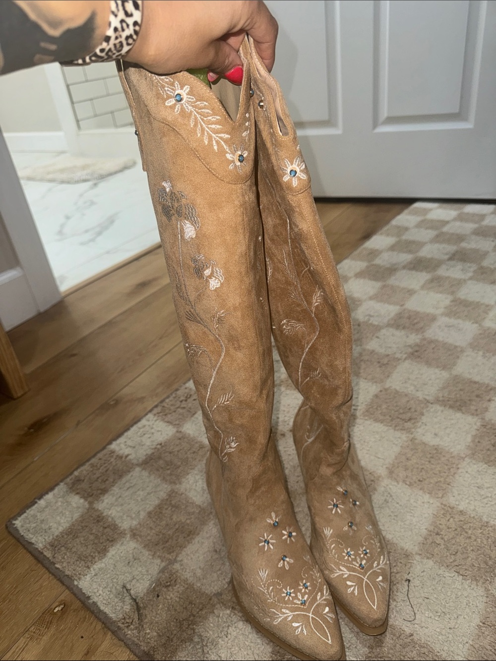 Embroidered Over-the-Knee Suede Boots in Tan
